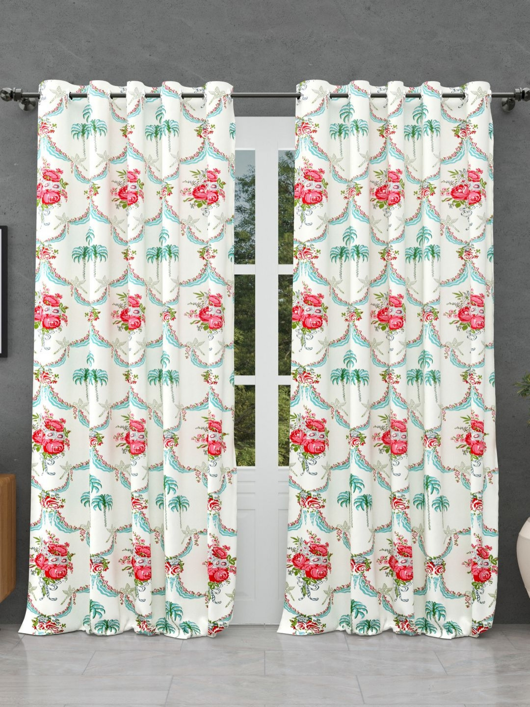 BED-SHEET.COM Pink & Green 2 Pieces Floral Printed Cotton Window Curtains