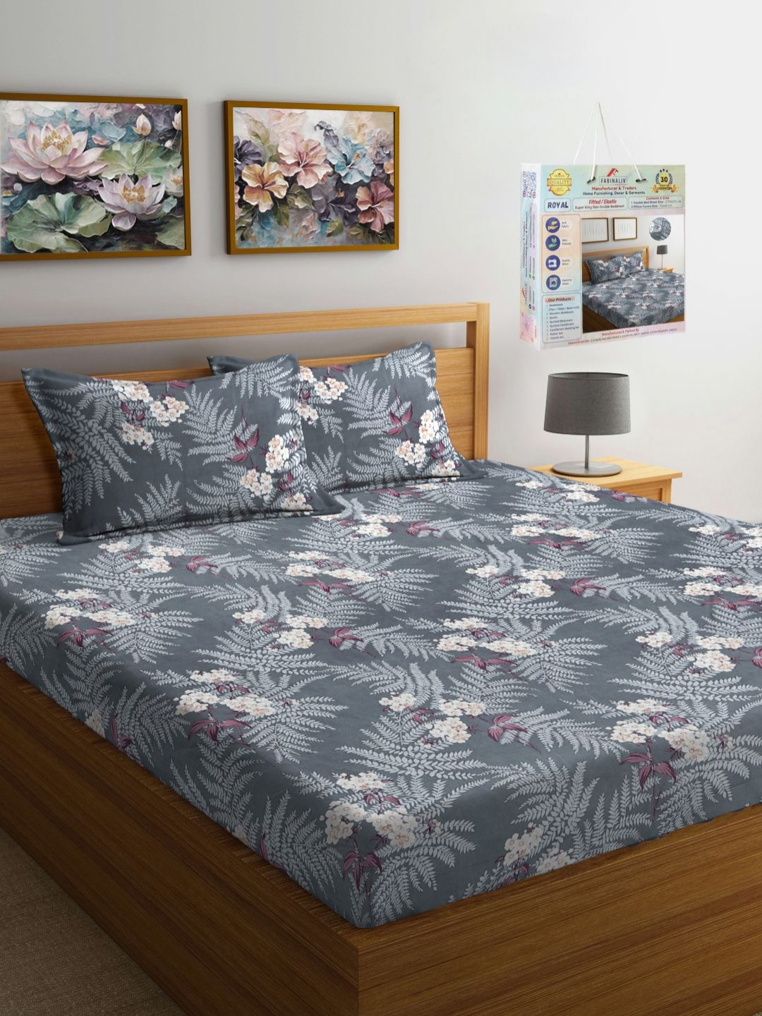 FABINALIV Grey Floral Printed 300 TC King Bedsheet Set 2.70 m x 2.70 m