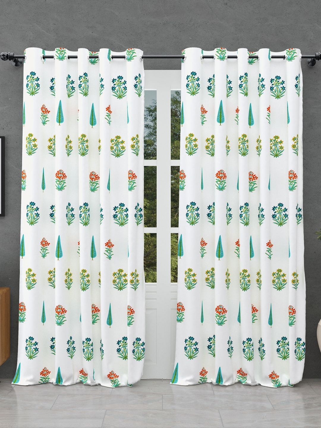 BED-SHEET.COM Sea Green & White Cotton Floral Printed Window Curtain