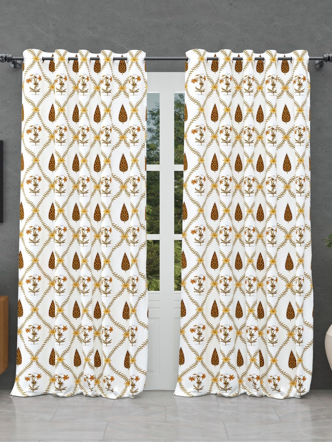 BED-SHEET.COM Yellow & White Cotton Floral Printed Window Curtain