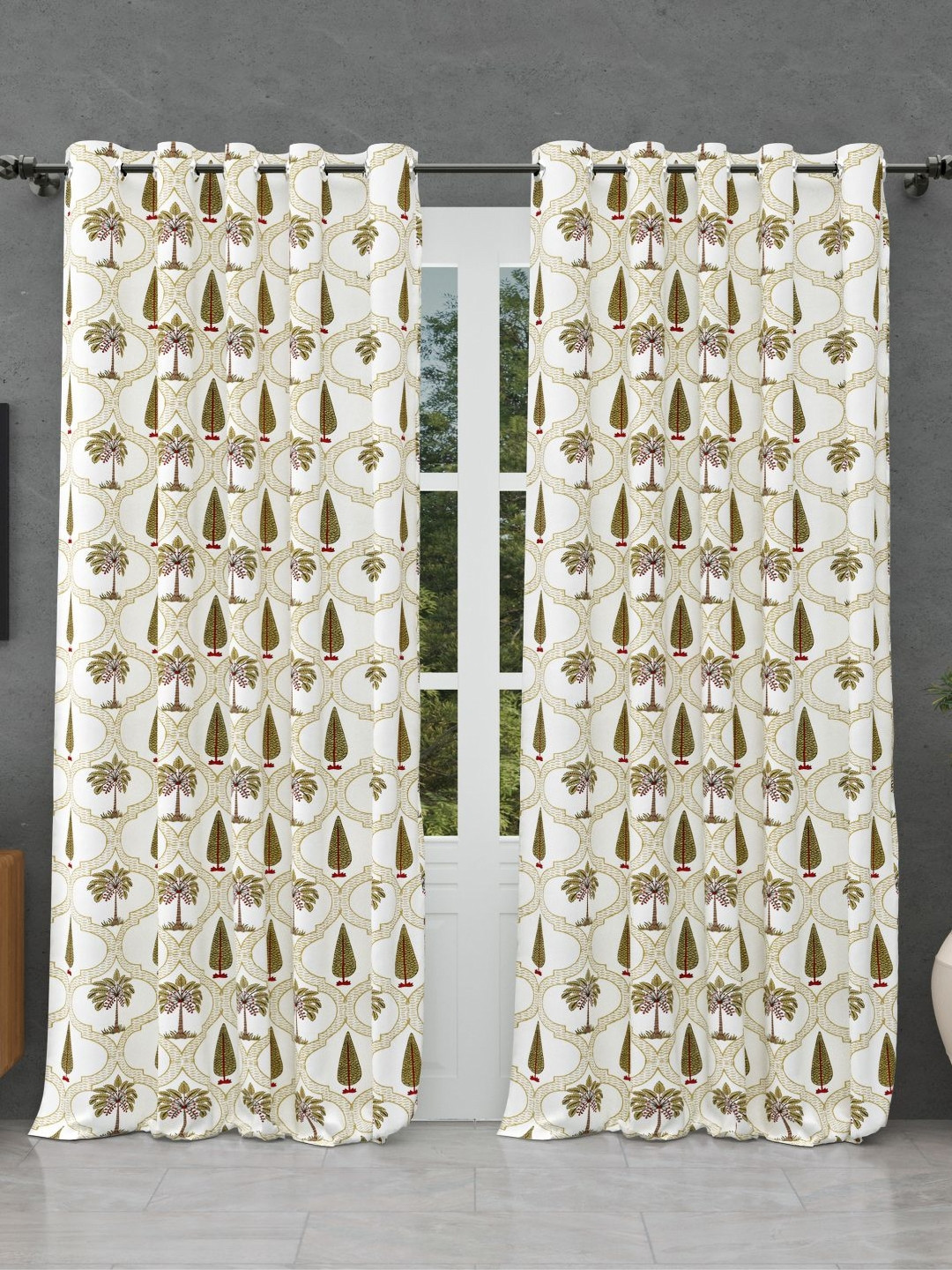 BED-SHEET.COM Coffee Brown & White 2 Pieces Floral Printed Cotton Window Curtains