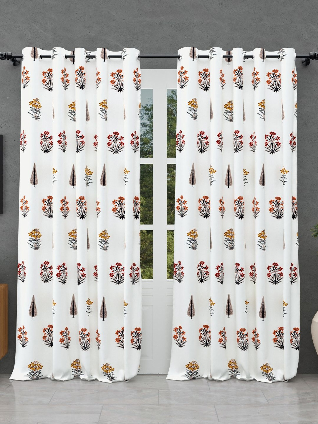 BED-SHEET.COM Brown & White 2 Pieces Floral Printed Cotton Window Curtains