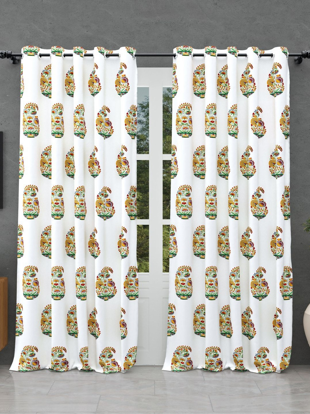 BED-SHEET.COM White & Mustard Cotton Floral Printed Window Curtain