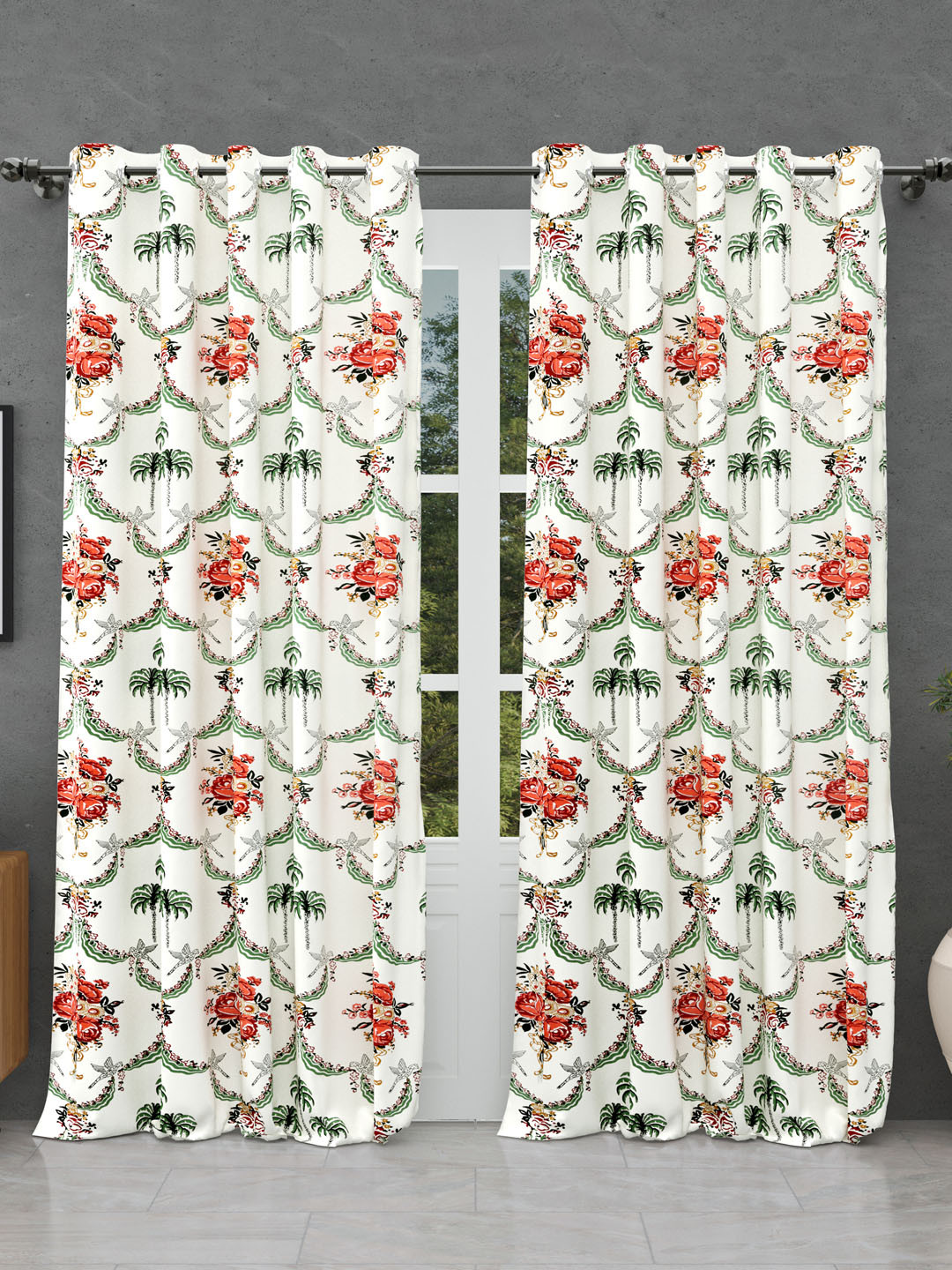 BED-SHEET.COM White & Green Cotton Floral Printed Window Curtain