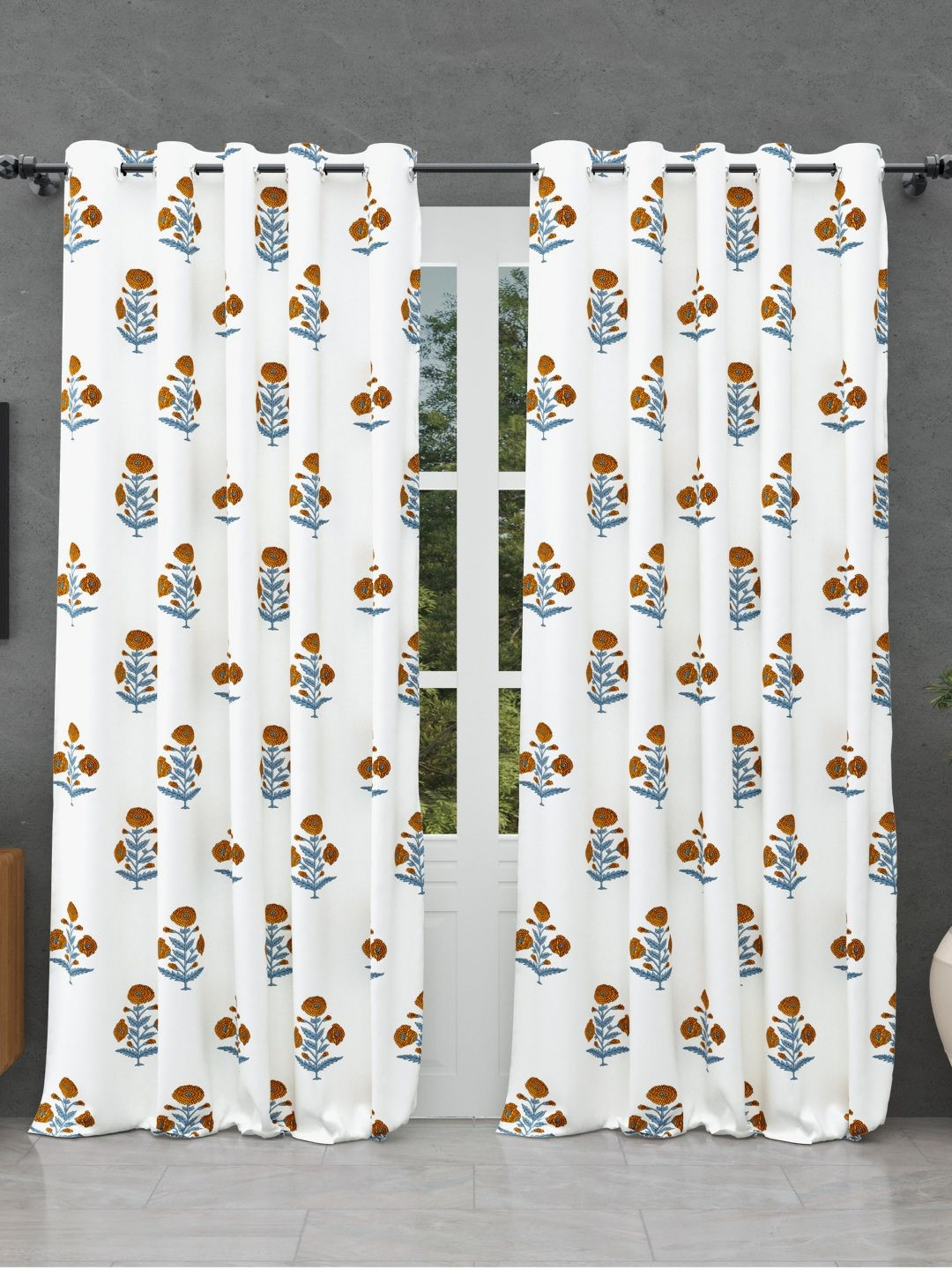 BED-SHEET.COM Mustard & White Cotton Floral Printed Window Curtain