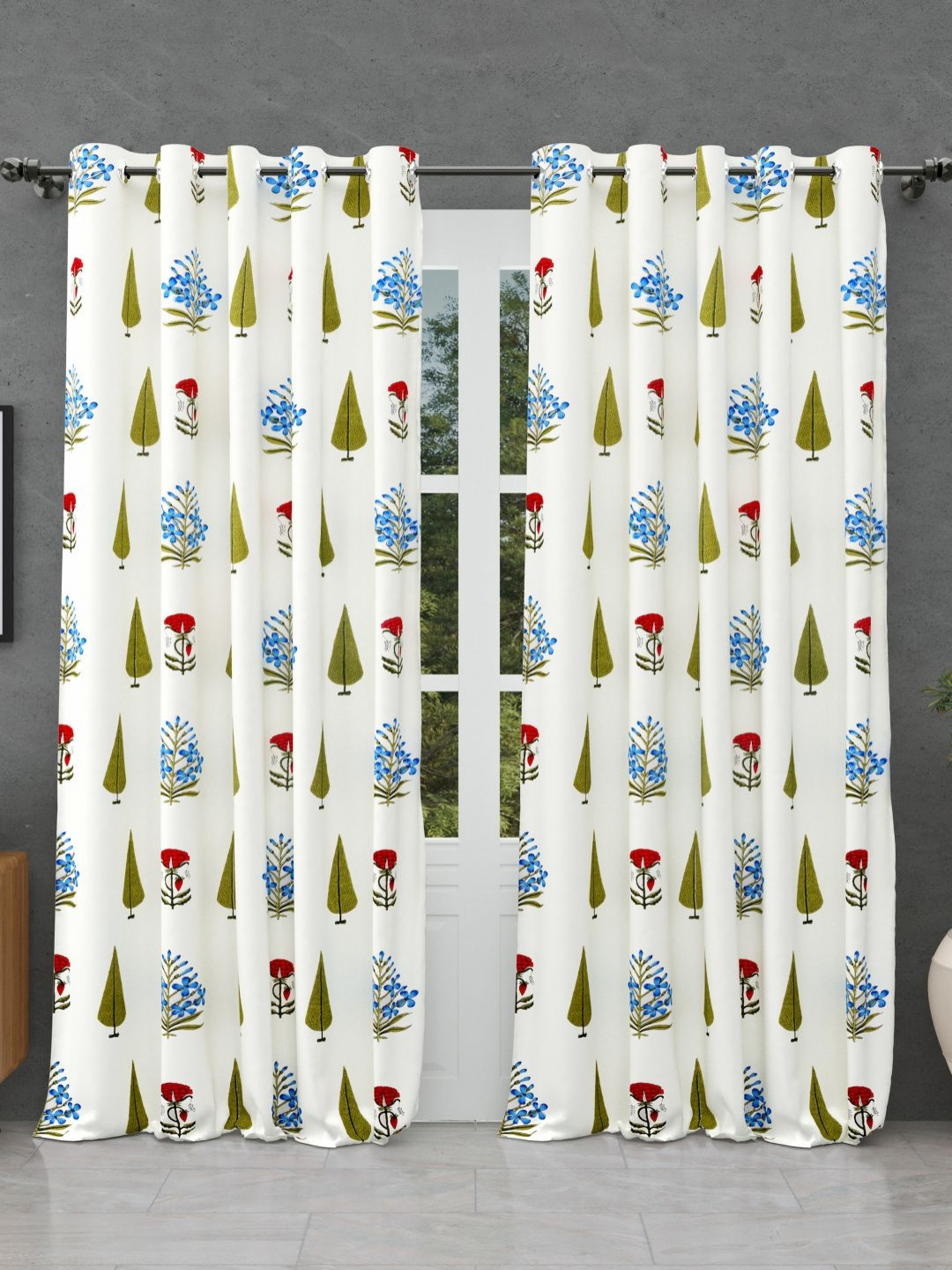 JAIPUR FABRIC Off White & Green Floral Printed Cotton Doors Curtain