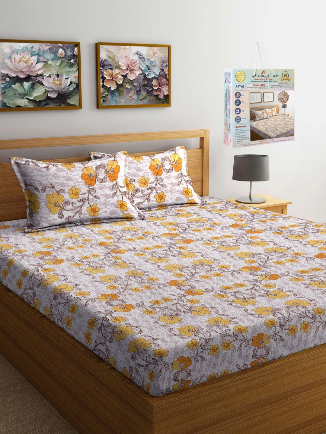 FABINALIV Beige and Yellow Floral Printed 300 TC King Bedsheet Set-2.70 m x 2.70 m