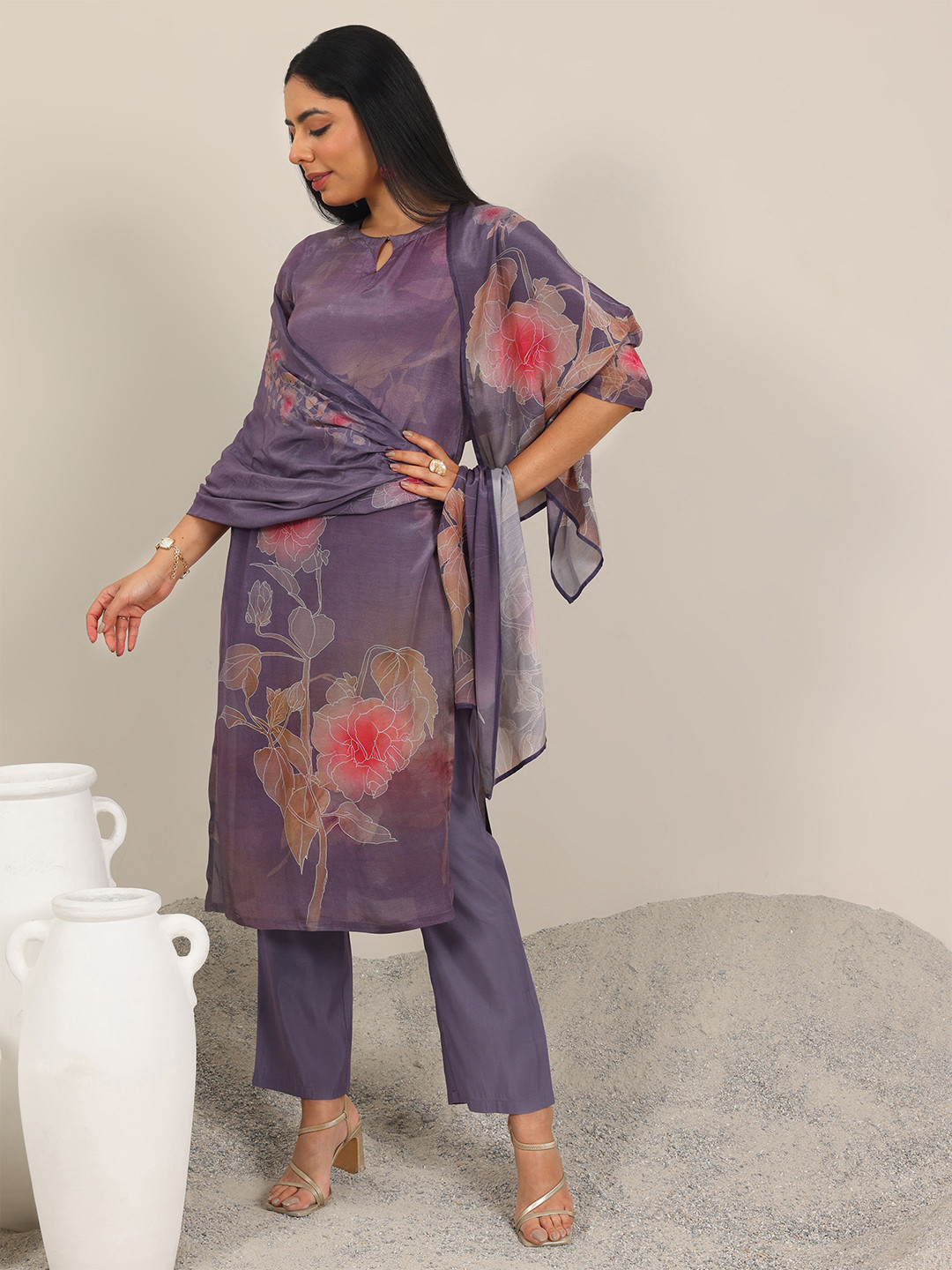 Libas Floral Printed Straight Kurta with Trousers & Dupatta