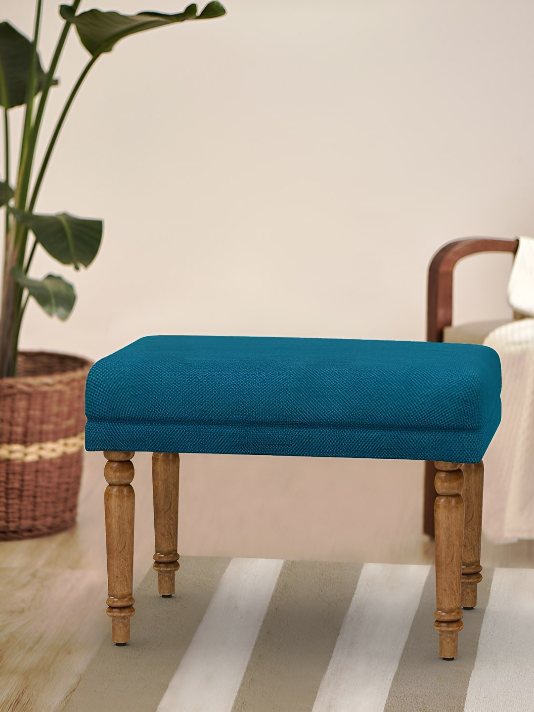 Chumbak Blue & Brown Nawaab Bench Small - Mediterranian Blue Lounge Chair