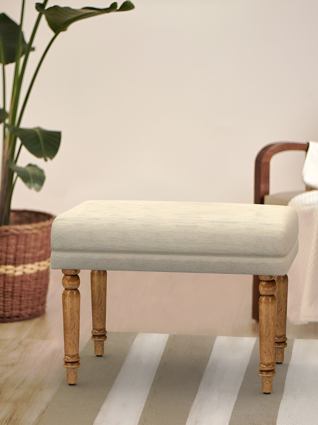 Chumbak White & Brown Nawaab Bench Small - Srilanka Ivory Lounge Chair