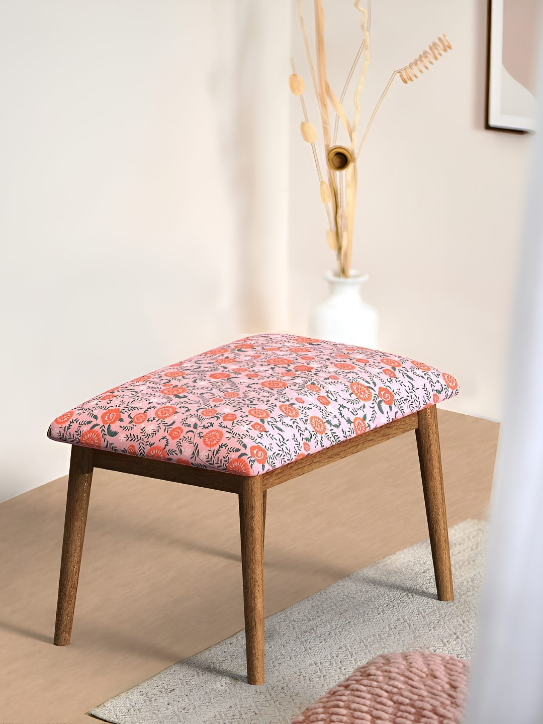 Chumbak Peach & Orange Jodhpur Bench Small - Earthy Florals Wooden Cushion Lounge Chair
