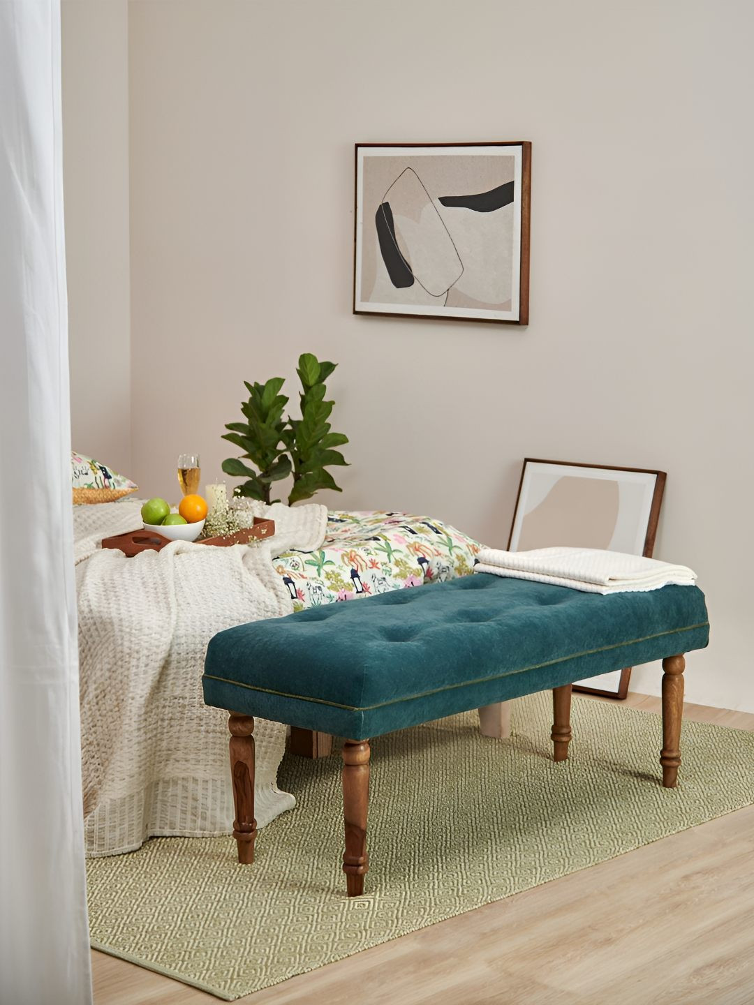 Chumbak Green & Brown Nawaab Bench Velvet- Dark Green