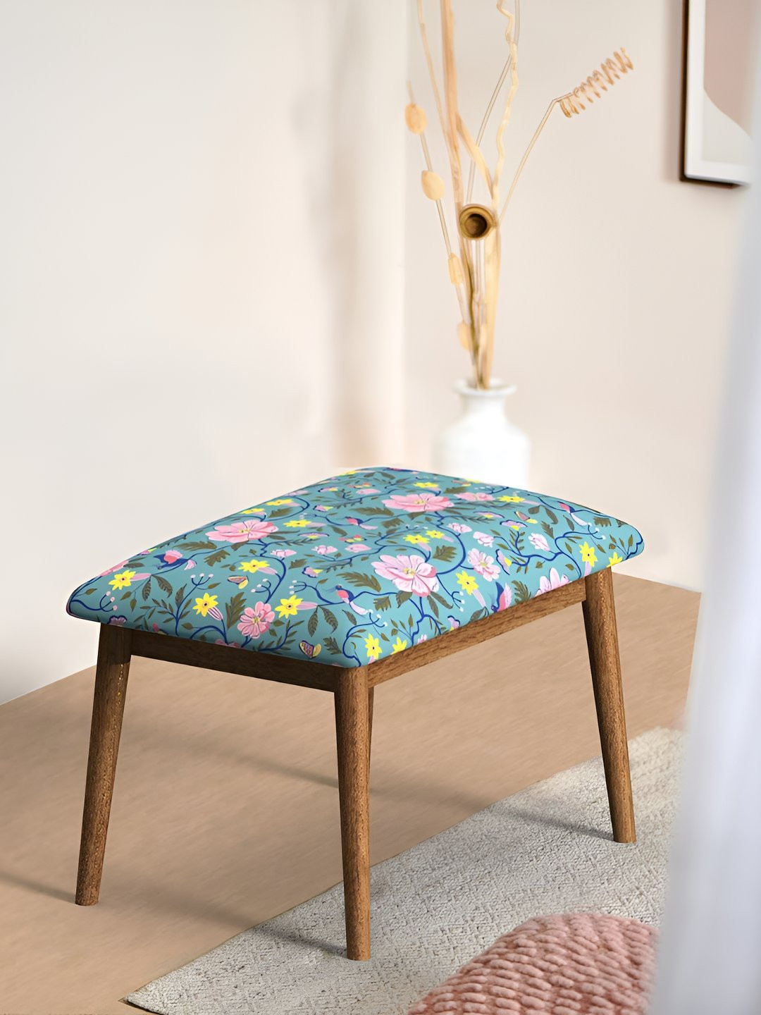 Chumbak Teal Blue Square Shaped Floral Printed Wooden Cushion Lounge Chair