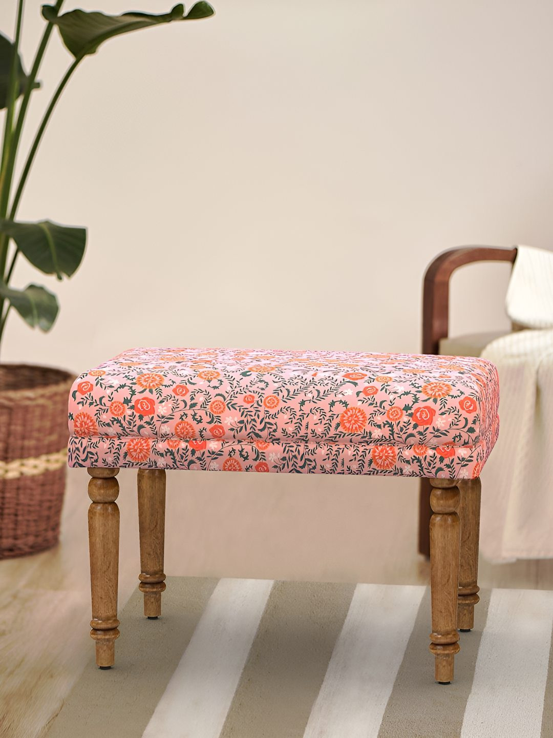 Chumbak Orange Coloured & Pink Nawaab Bench Small - Earthy Florals Lounge Chair