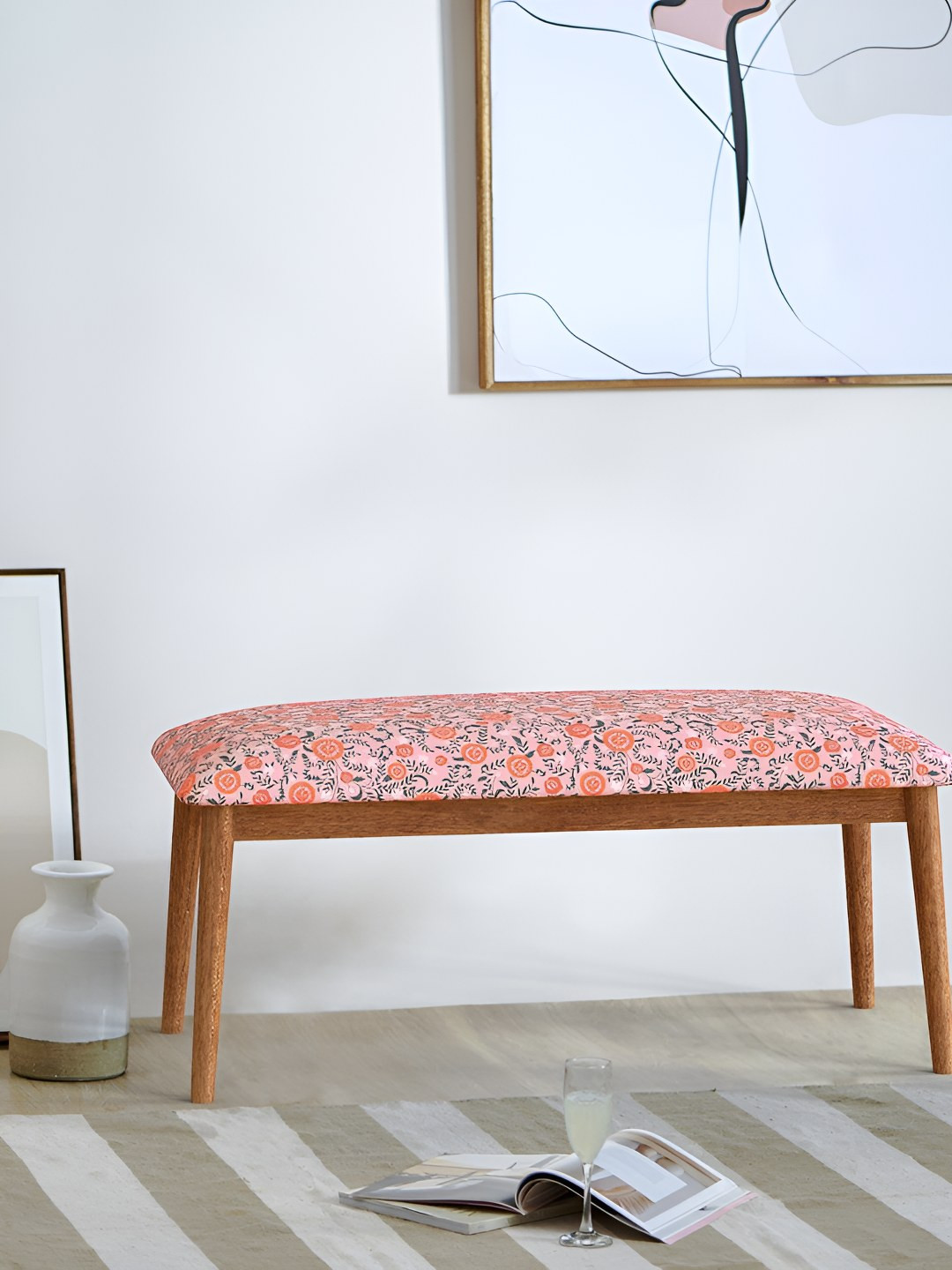 Chumbak Orange Coloured & Pink Jodhpur Bench - Earthy Florals Peach Lounge Chair