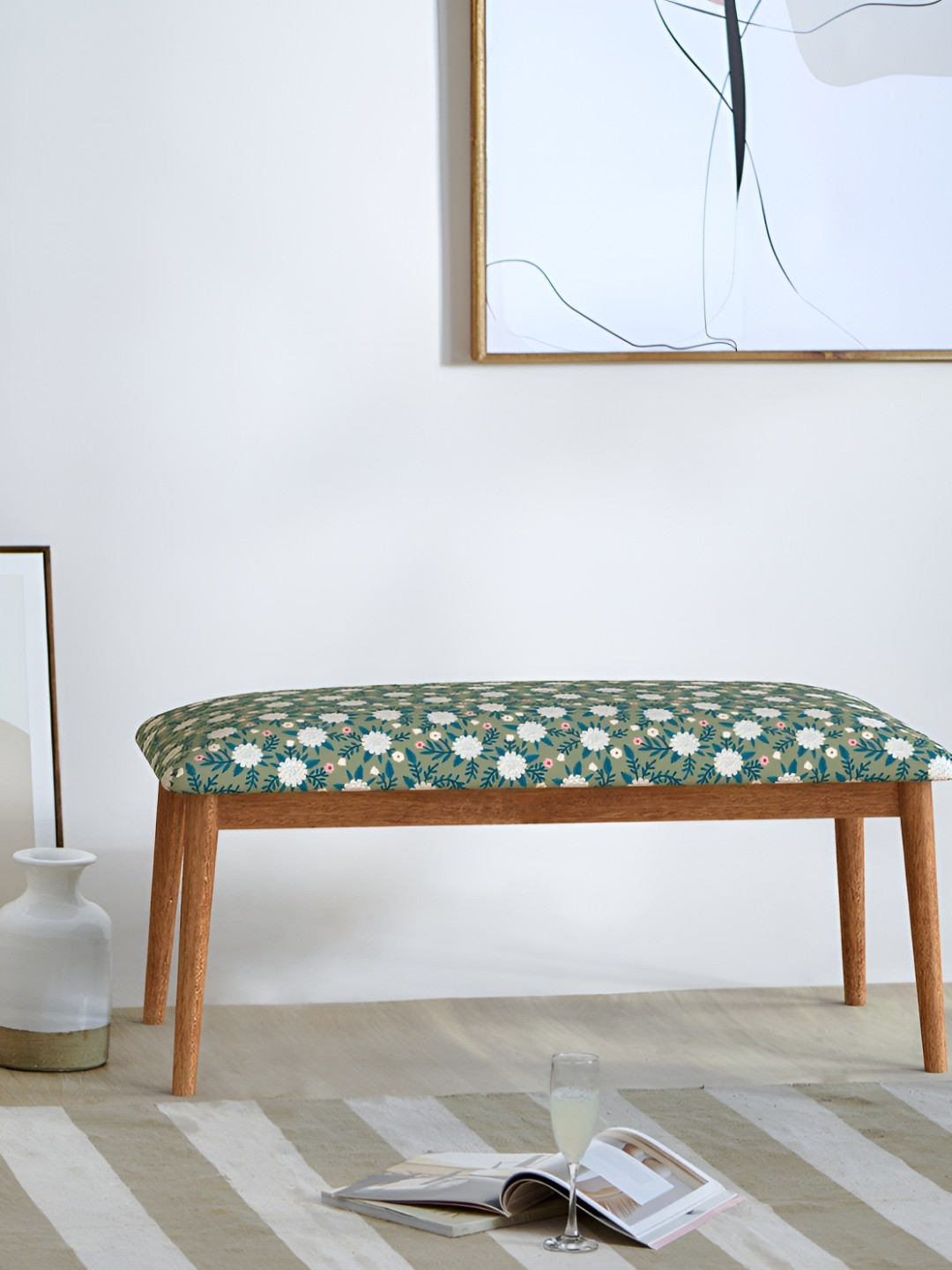 Chumbak Green & White Jodhpur Bench - Spring Marigold Green Lounge Chair