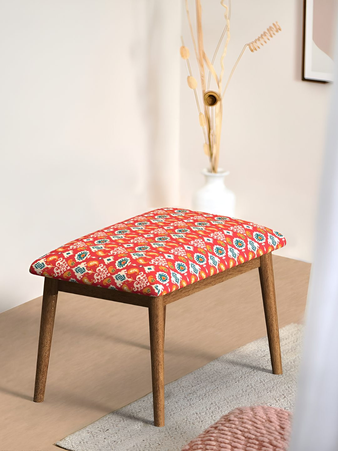 Chumbak Red Square Shaped Floral Printed Wooden Cushion Lounge Chair