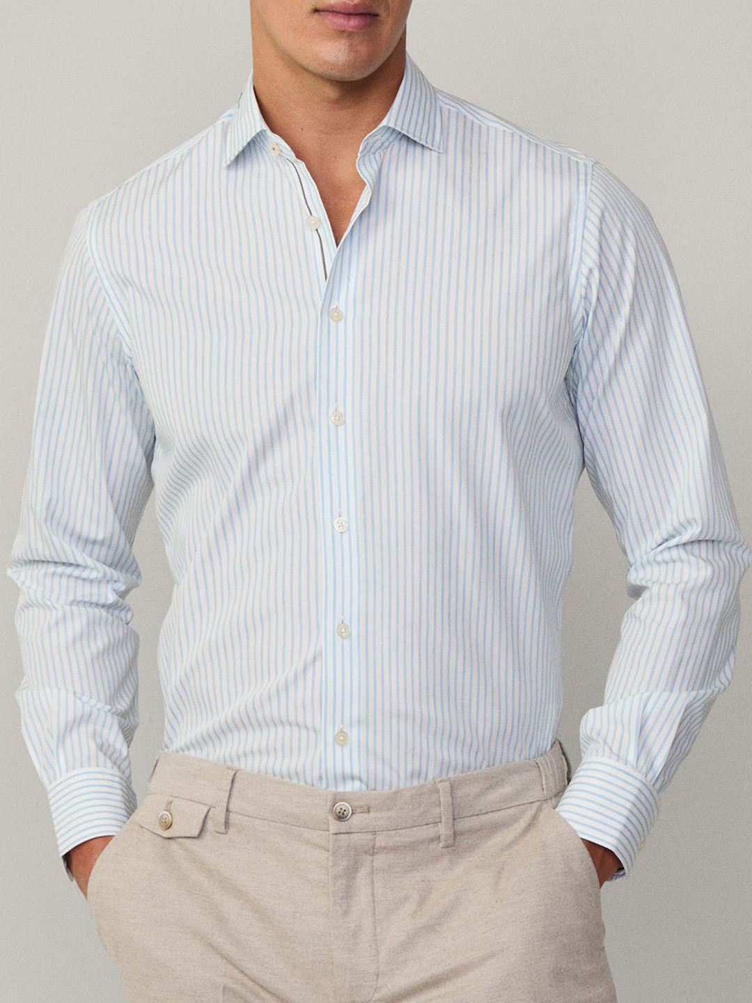 HACKETT LONDON Men Classic Fit Spread Collar Vertical Striped Cotton Casual Shirt