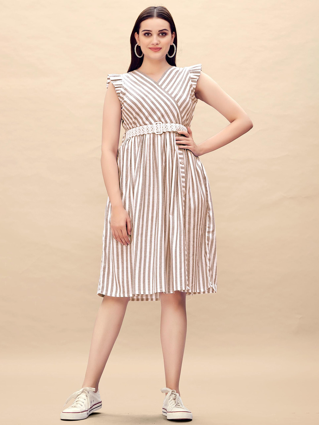 Glomee Women Striped Fit & Flare Midi Dress