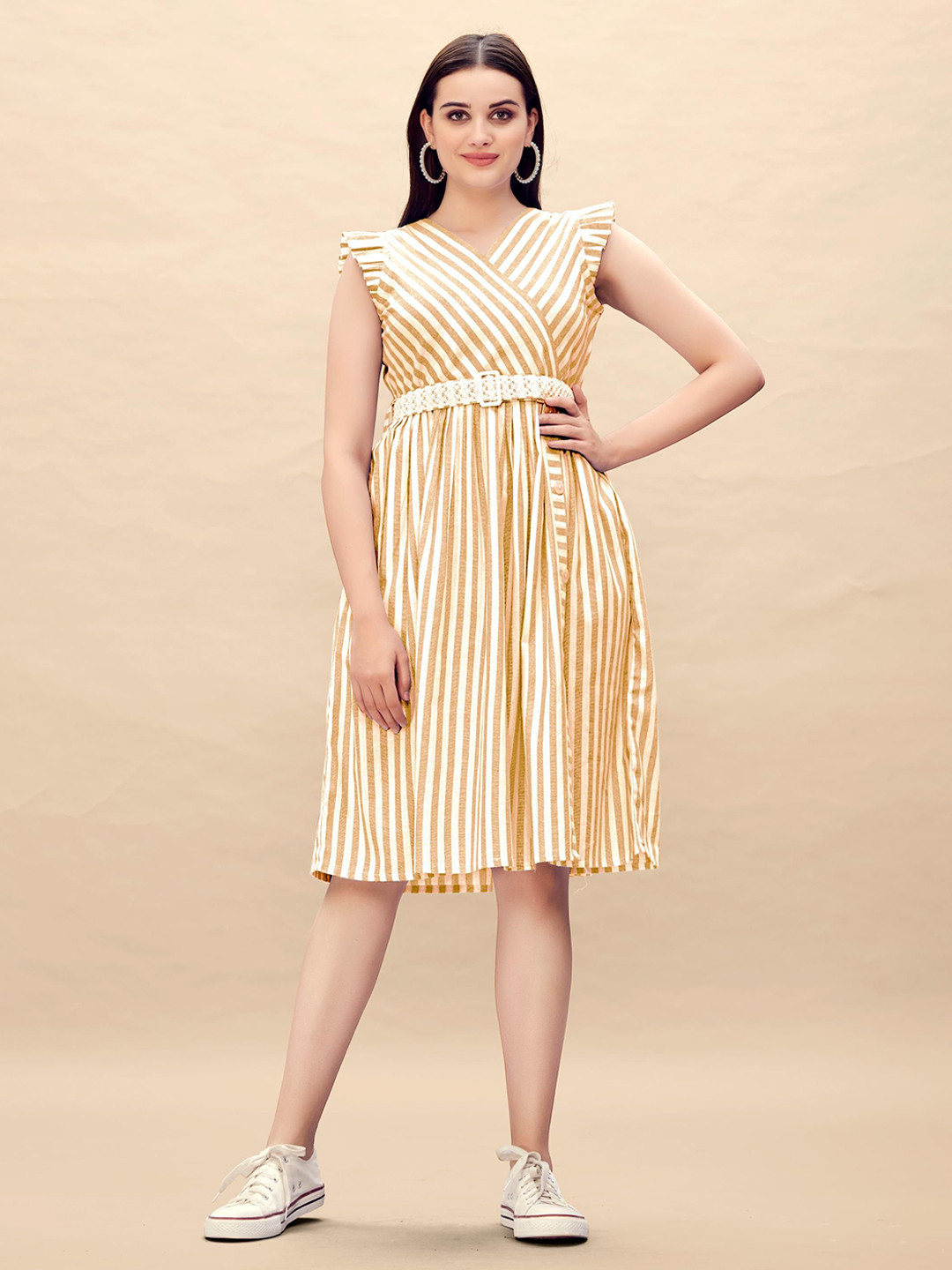 Glomee Women Striped Cotton Fit & Flare Knee Length Dress