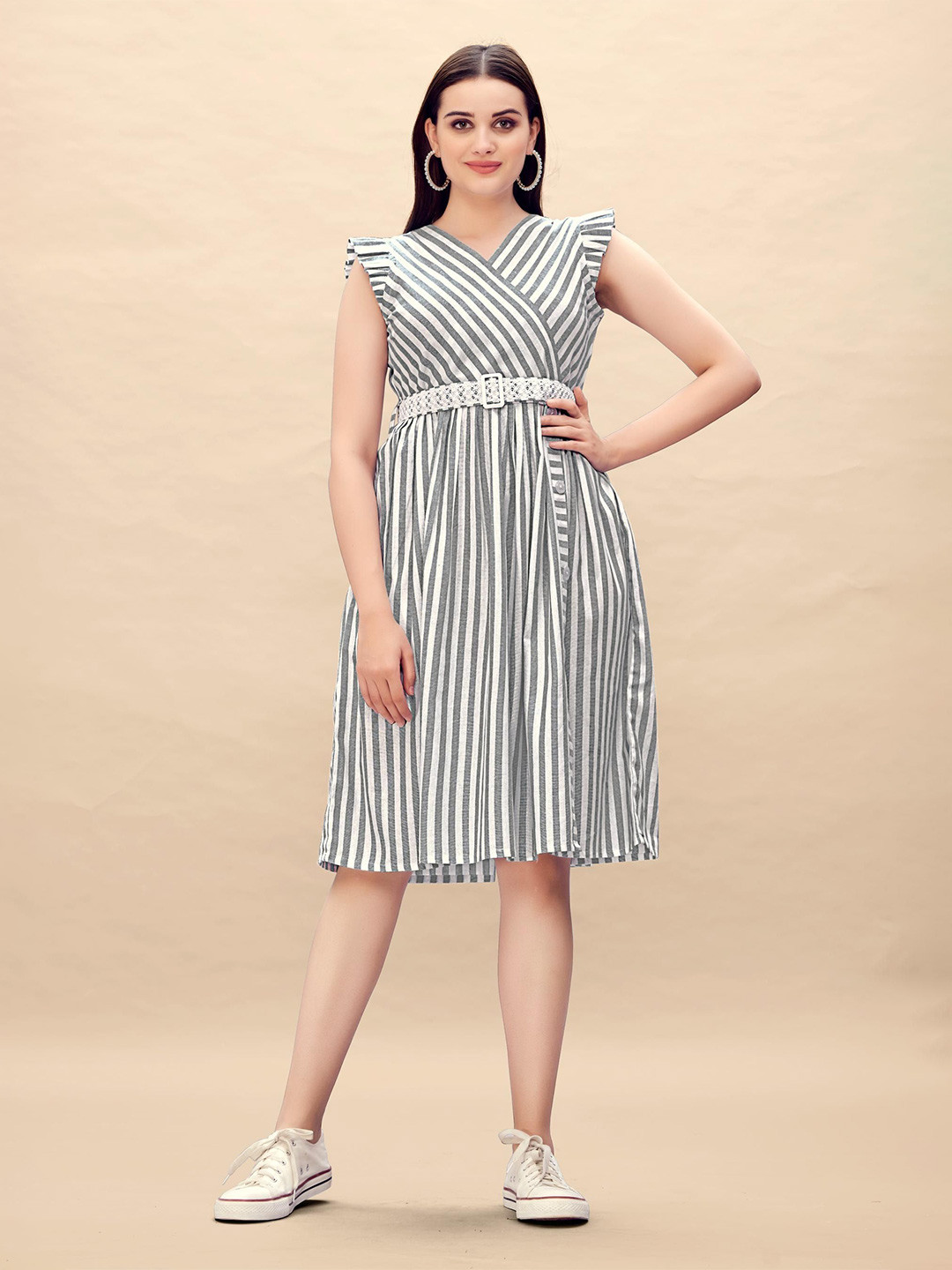 Glomee Women Cotton Striped Flutter Sleeves Wrap Midi Dress With Belt