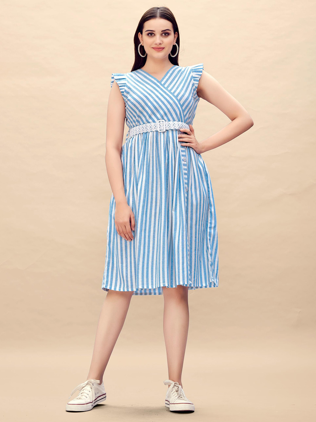Glomee Women Cotton Striped Flutter Sleeves Wrap Midi Dress With Belt