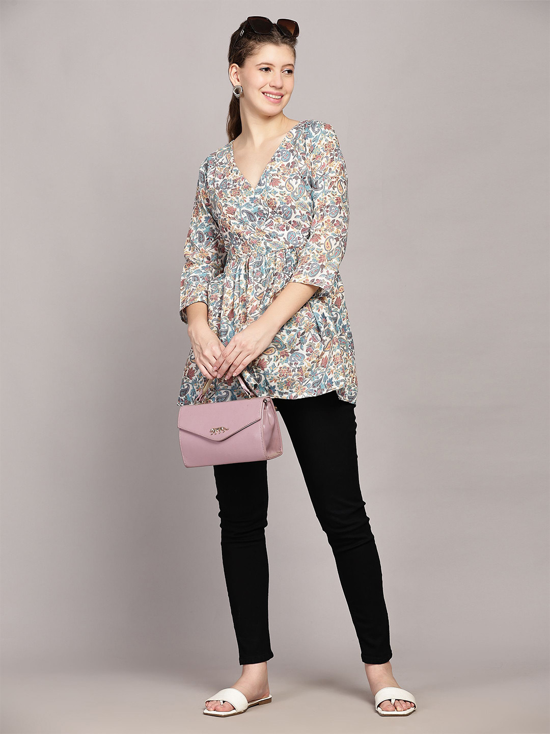 TrendRush Spring-25 Women Ethnic Print V-Neck Longline Wrap Top