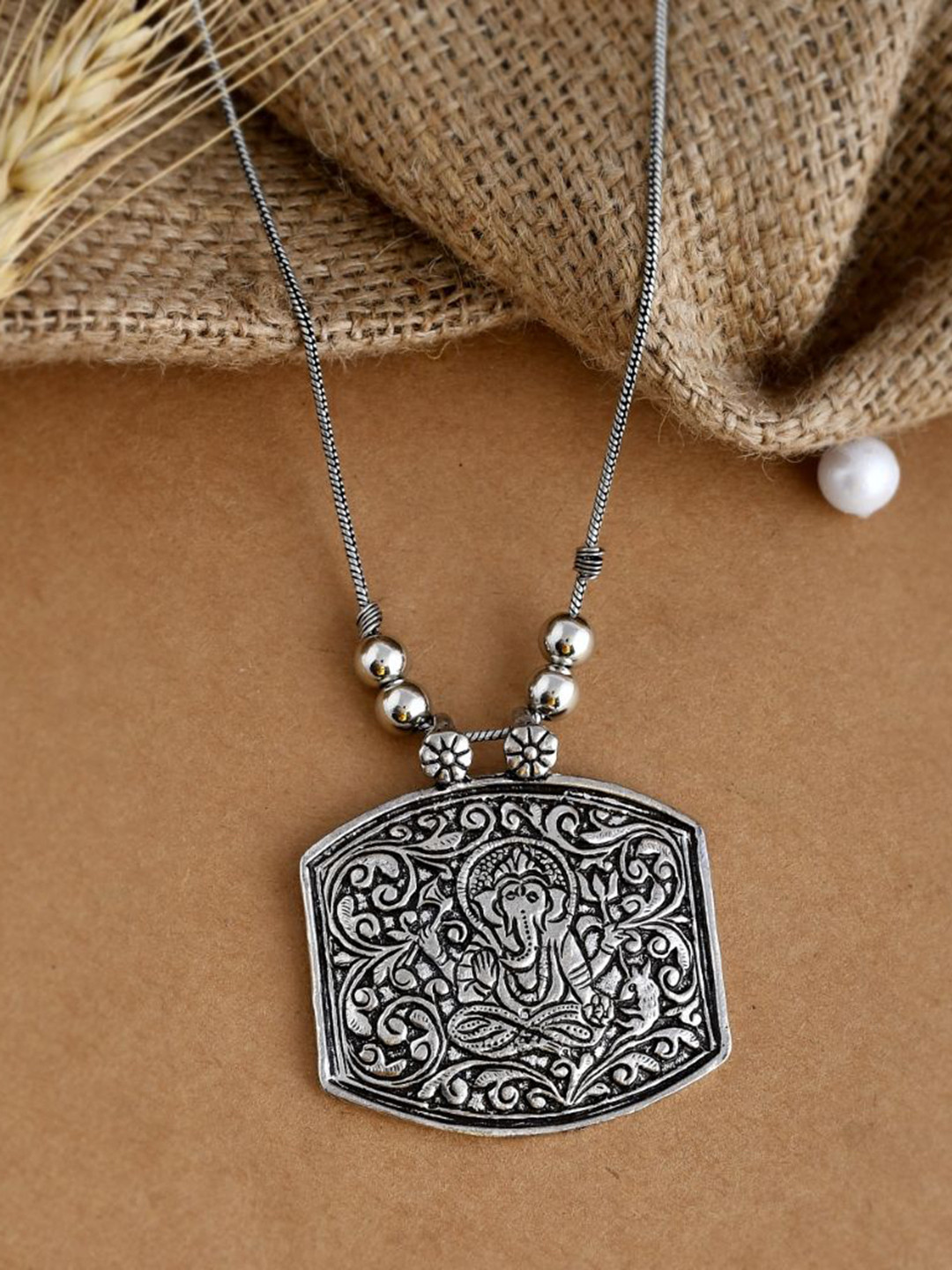 NAMAN ARTS Silver Plated Oxidised Ganesha Shaped Chain Pendant
