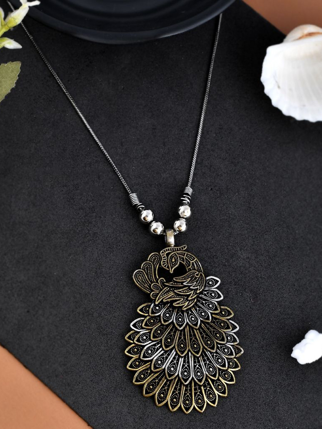 NAMAN ARTS Gold-Plated Peacock Shaped Dual Tone Chain Pendant