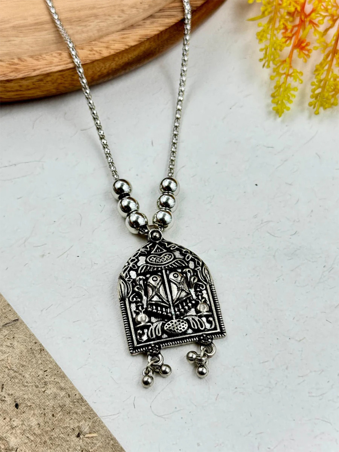 NAMAN ARTS Silver Plated Oxidised & Beaded Necklace