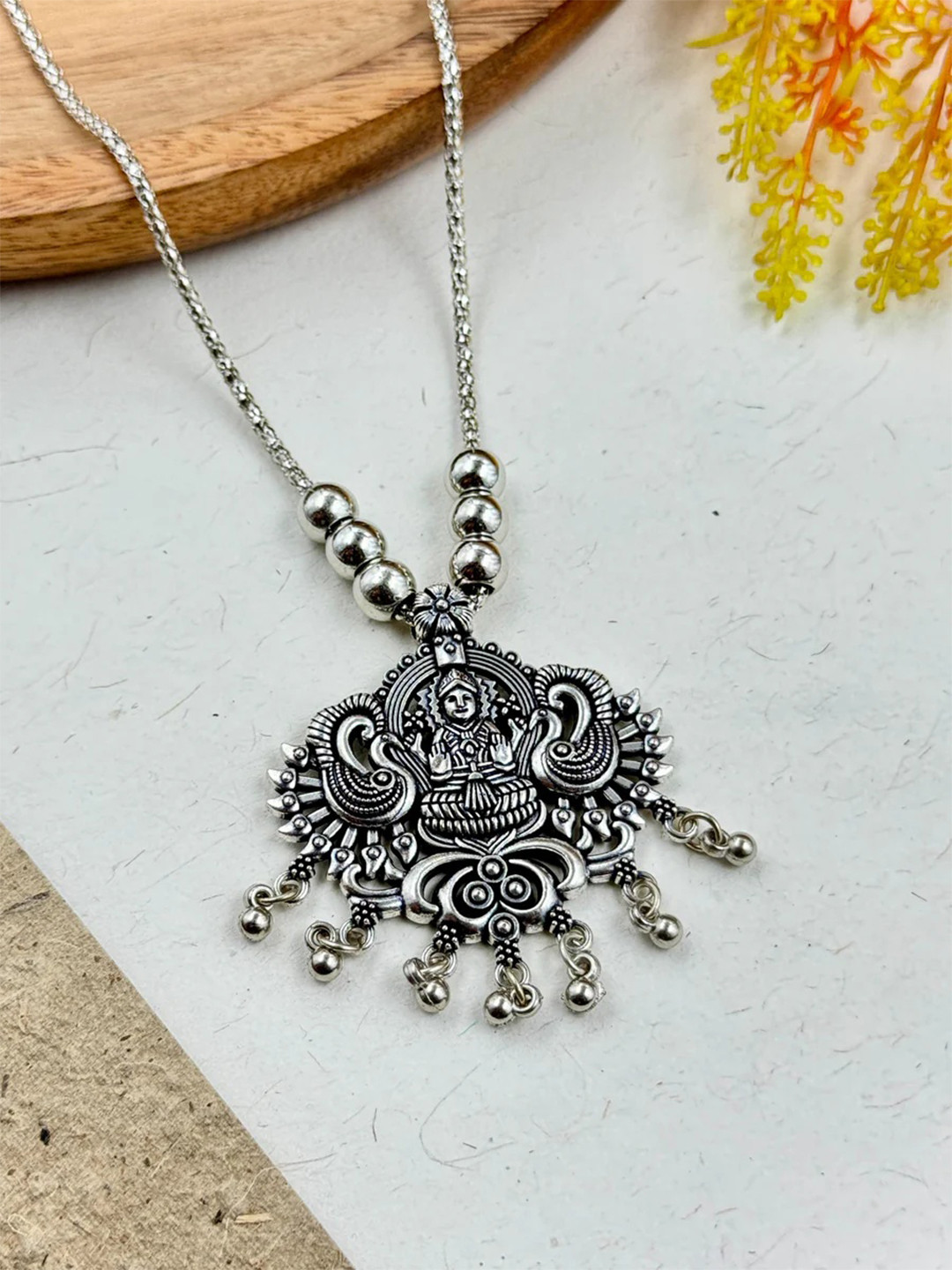 NAMAN ARTS Silver Plated Oxidised & Beaded Necklace