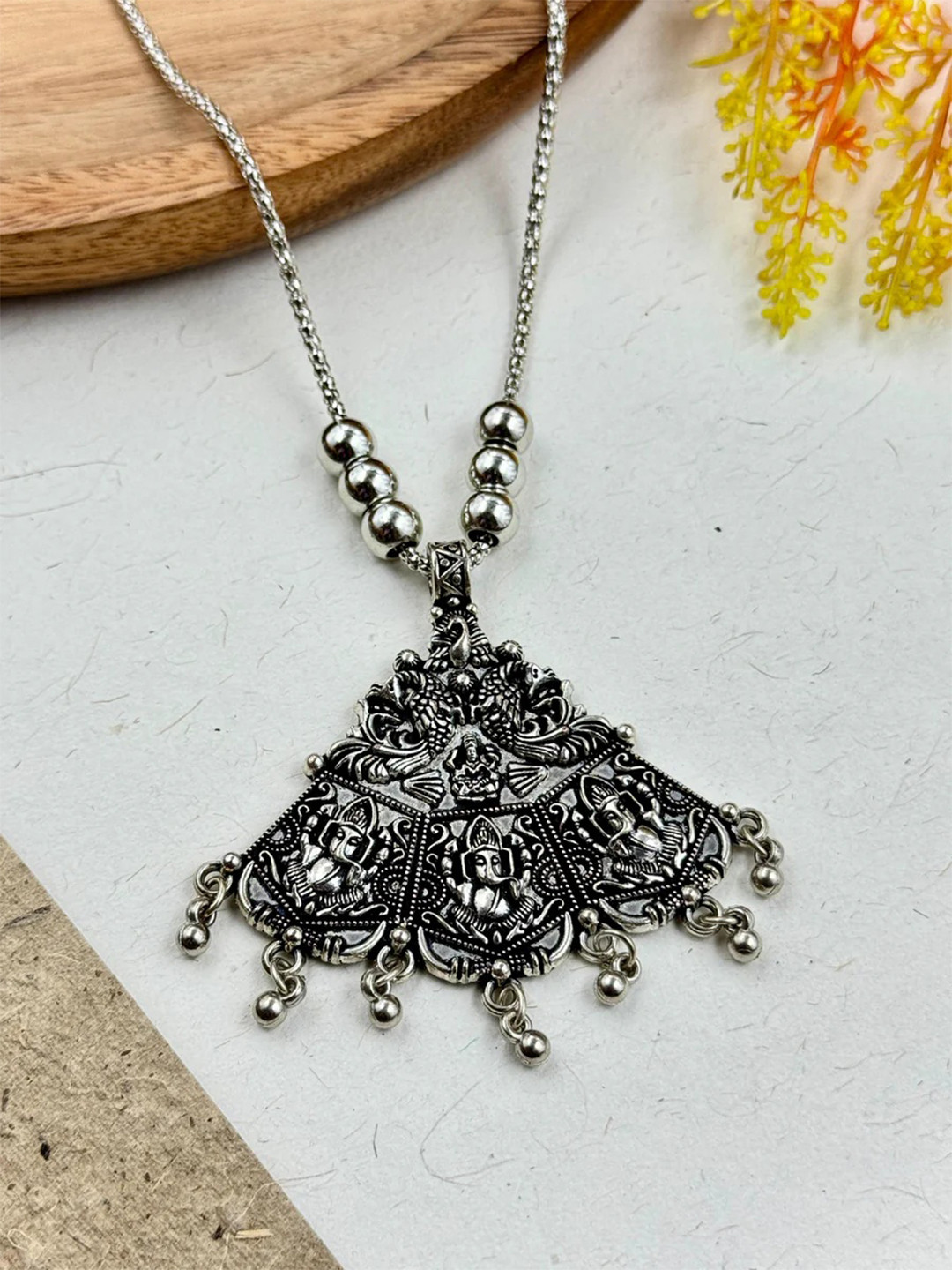 NAMAN ARTS Silver Plated Oxidised & Beaded Necklace