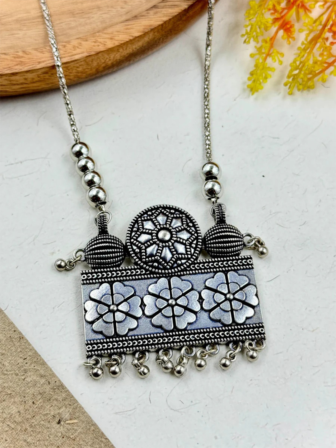NAMAN ARTS Silver Plated Oxidised Beaded Necklace