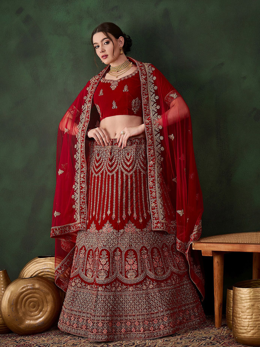 Sangria Embroidered Velvet Flared Lehenga & Unstitched Choli With Dupatta