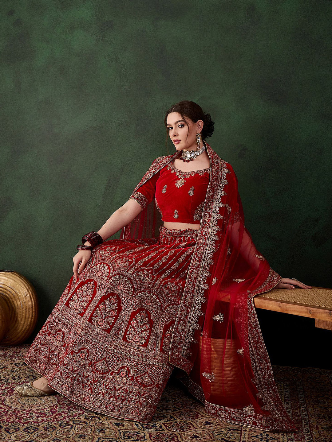 Sangria Embroidered Velvet Flared Lehenga & Unstitched Choli With Dupatta