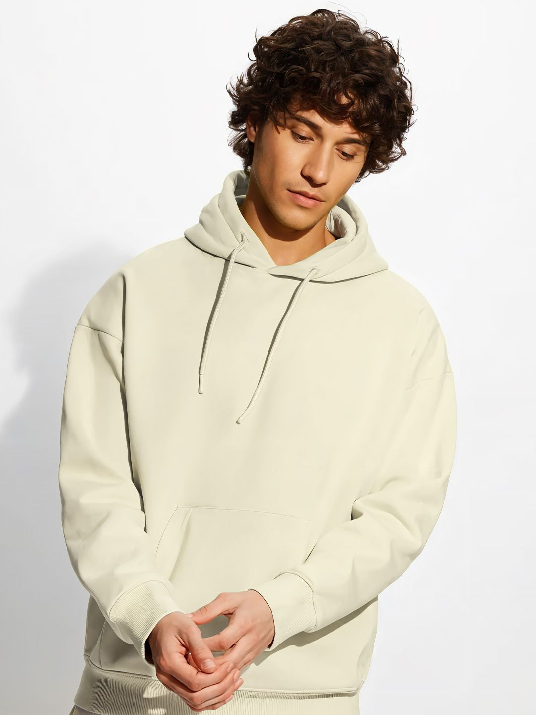 Crazymonk Men Plain Overesized Hoodie Off White Sweatshirt