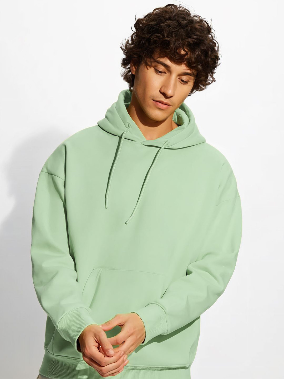 Crazymonk Men Cotton Plain Oversized Hood Green Sweatshirt