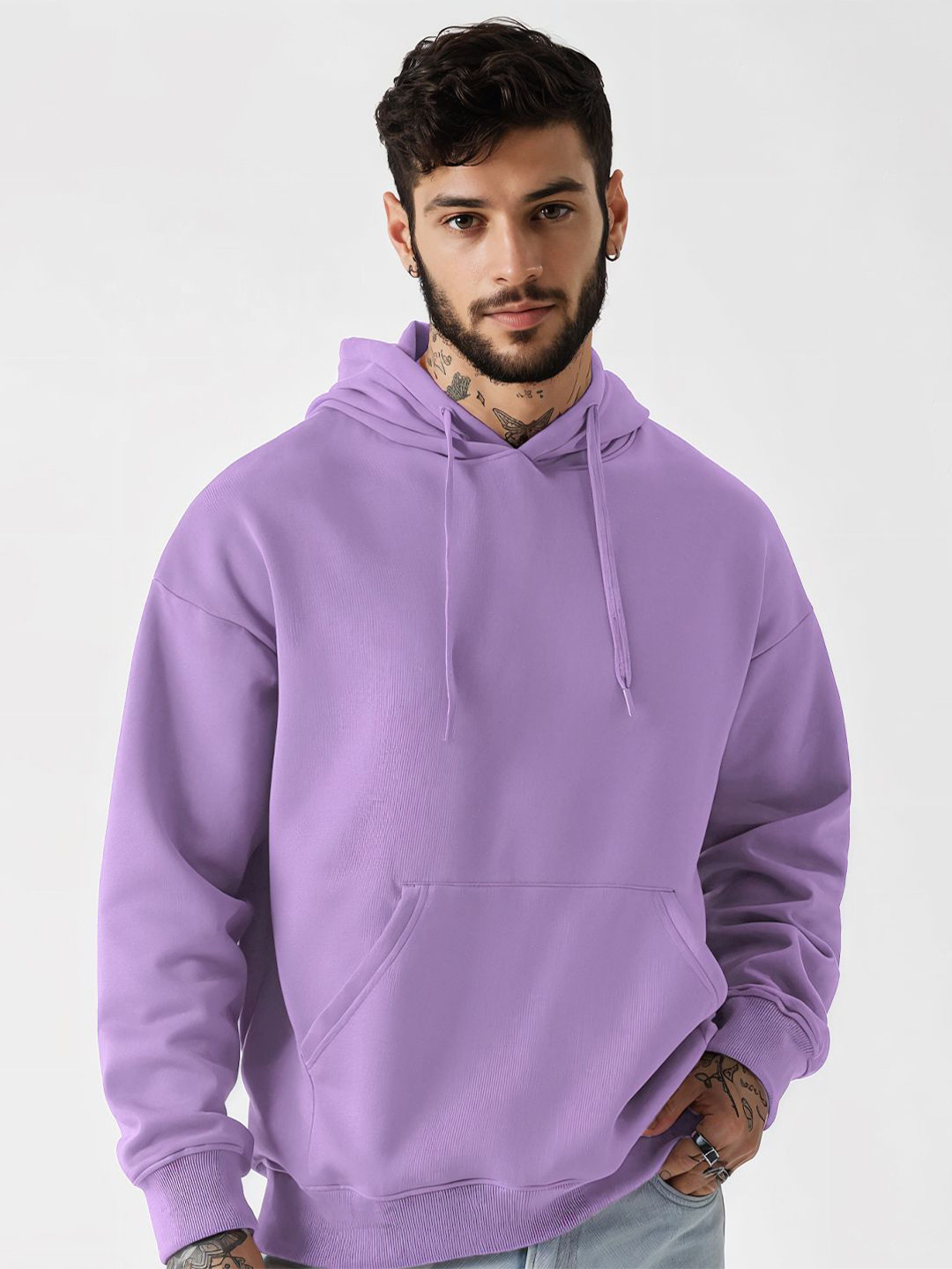 Crazymonk Men Plain Oversized Hood Lilac Sweatshirt