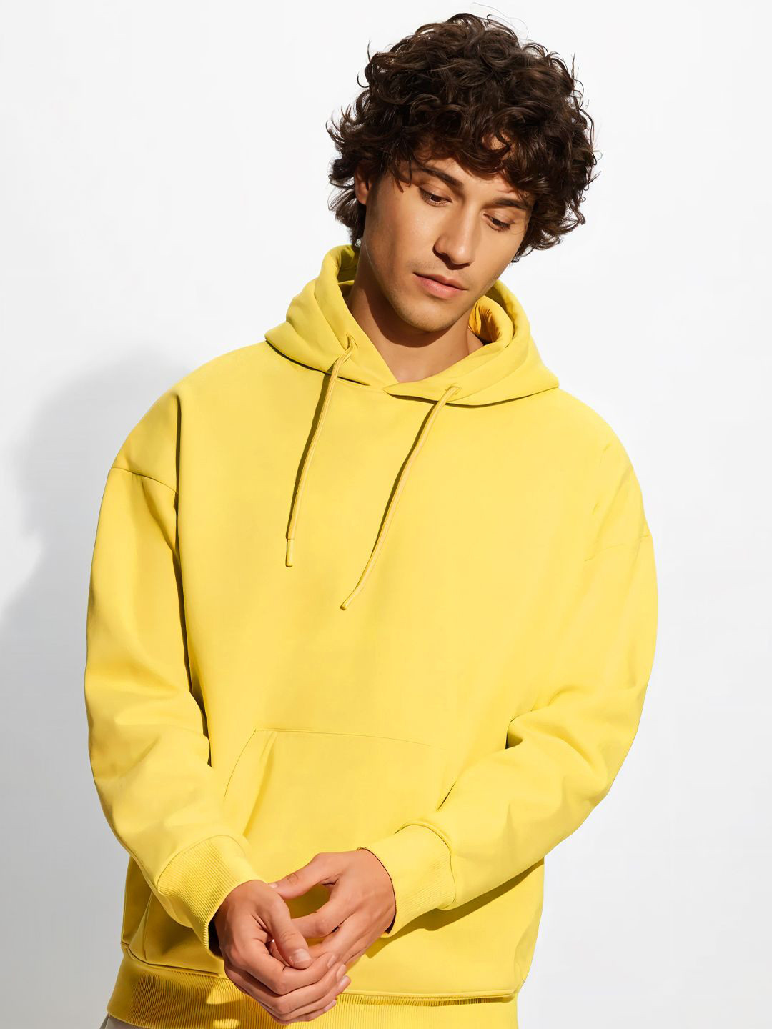 Crazymonk Men Plain Oversized Hood Golden Yellow Sweatshirt
