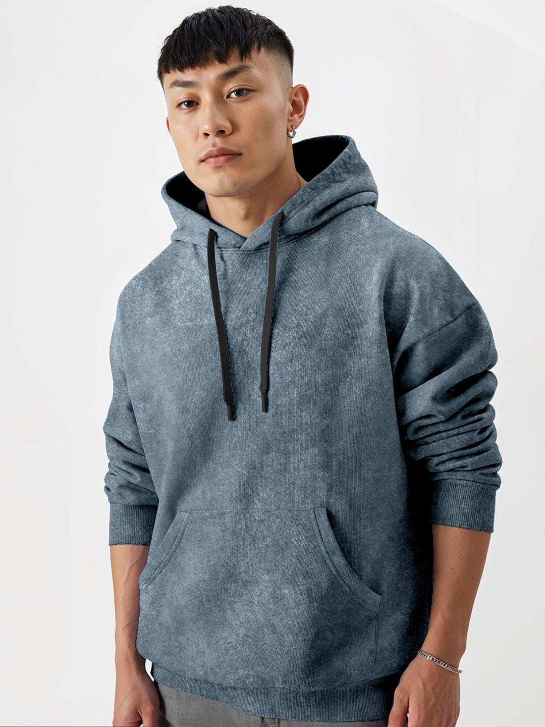 Crazymonk Men Plain Acid Wash Oversized Hoodie Steel Grey Sweatshirt