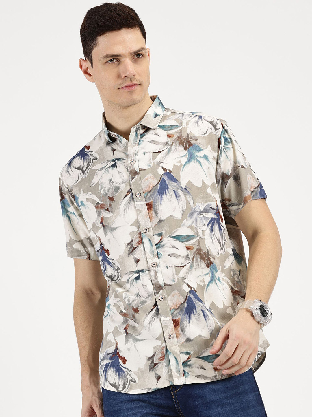 RAVINIK Men Classic Spread Collar Floral Printed Cotton Casual Shirt