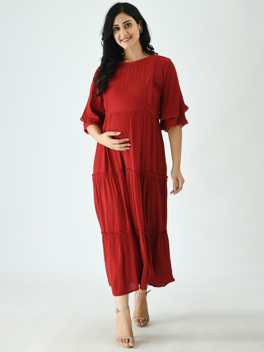 Aaruvi Ruchi Verma Women Round Neck Tiered Maternity Maxi Dress