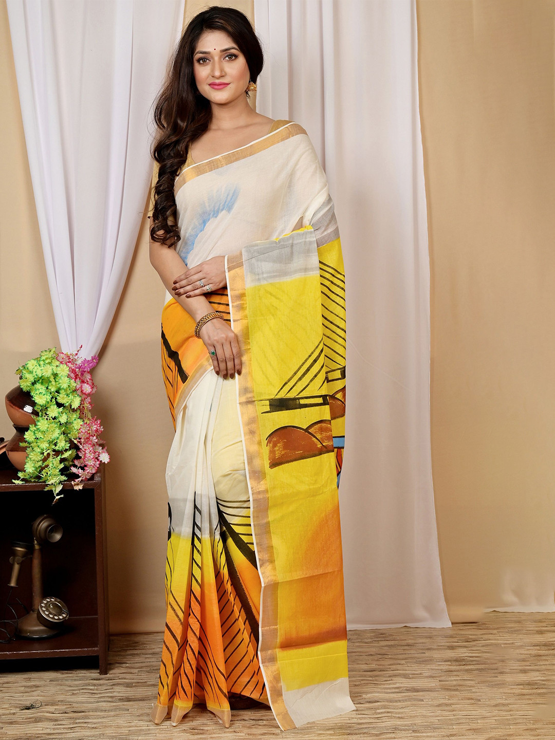 DipDiya Hataka Hand Painted Zari Taant Saree