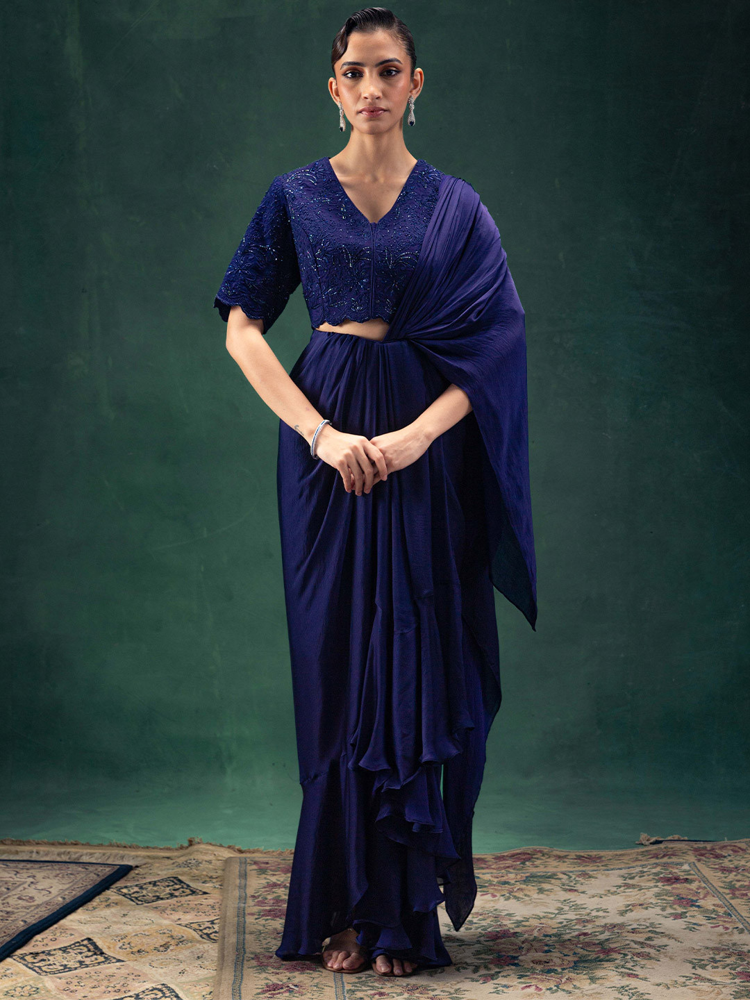 Label Naariti Satin Fusion Saree With Stitched Blouse