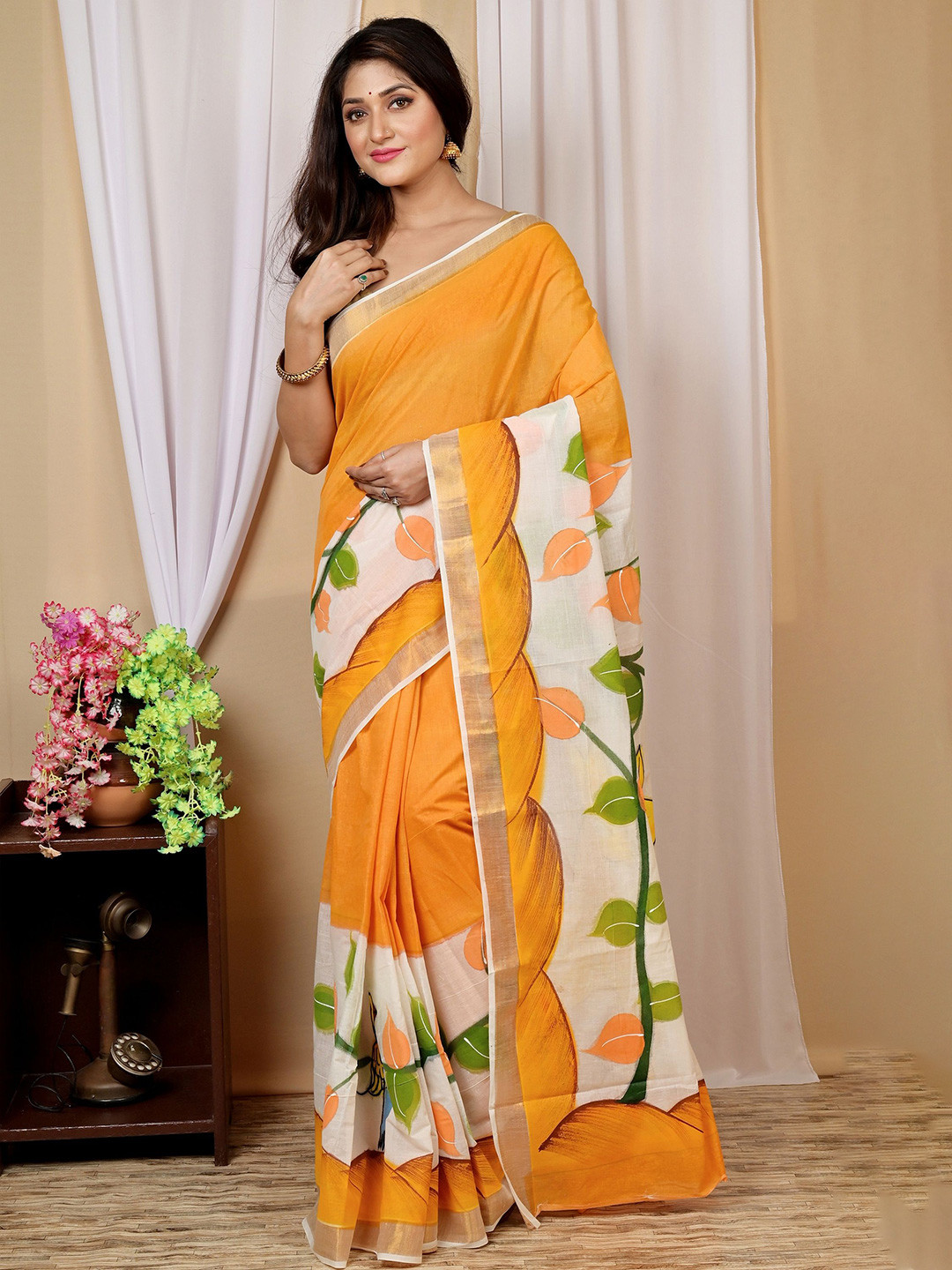 PuJoy Ethnic Motifs Zari Hand Taant Saree