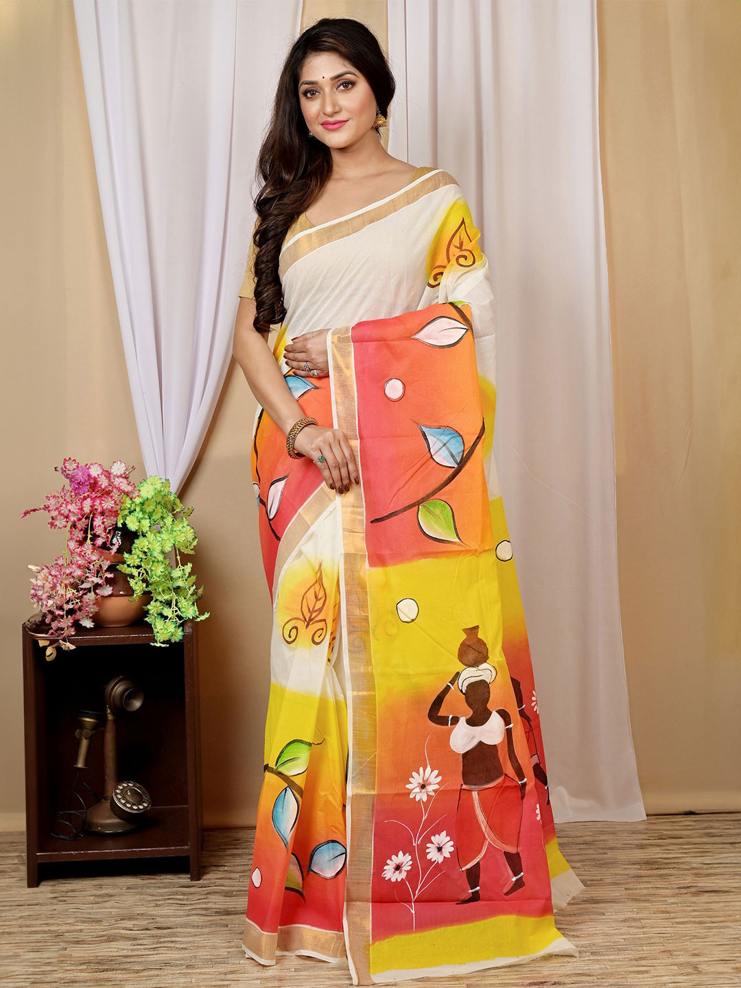 PuJoy Hataka Hand Painted Zari Taant Saree