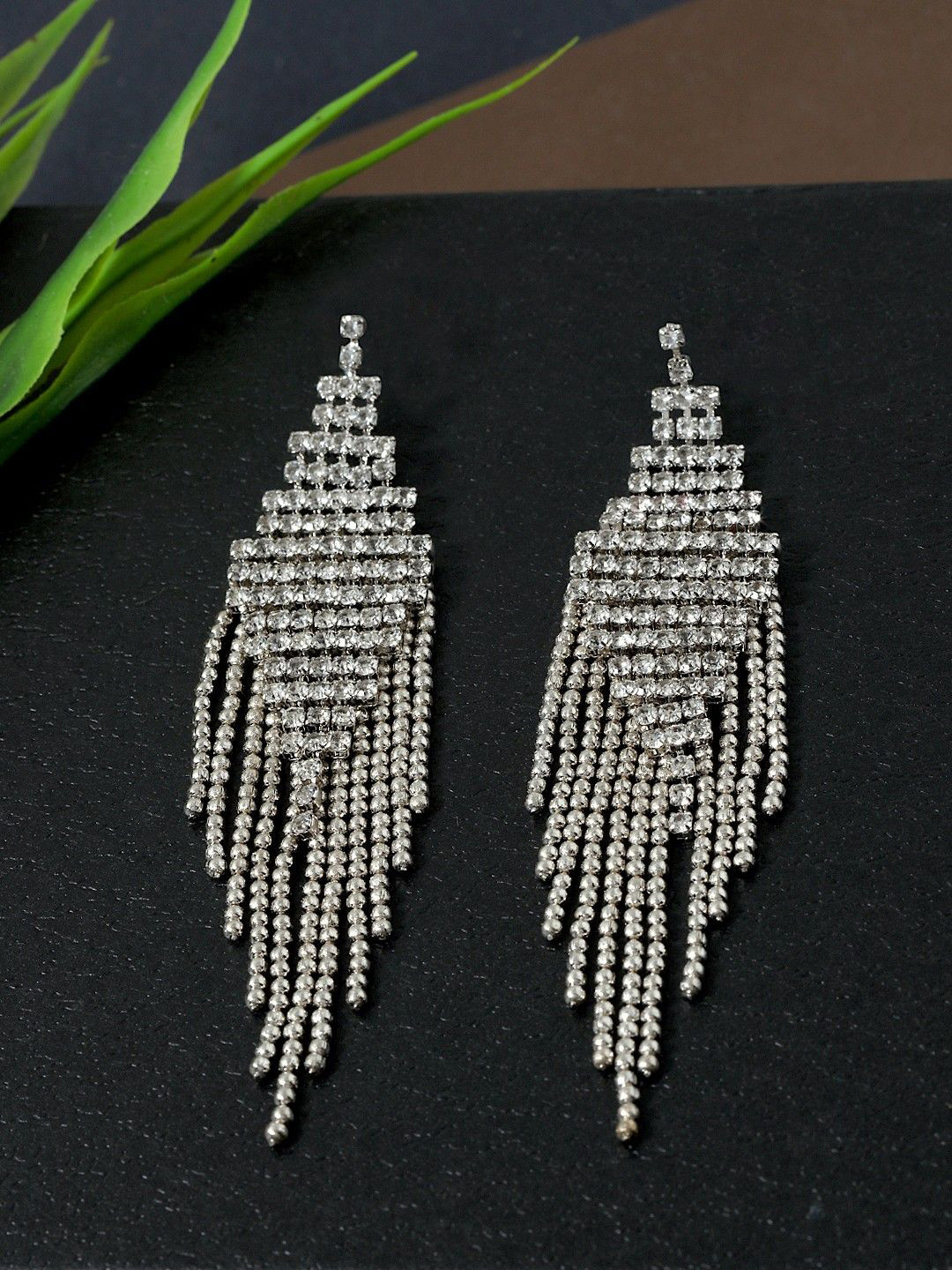 DressBerry Silver-Plated Rhinestone Studded Chandelier Drop Earrings