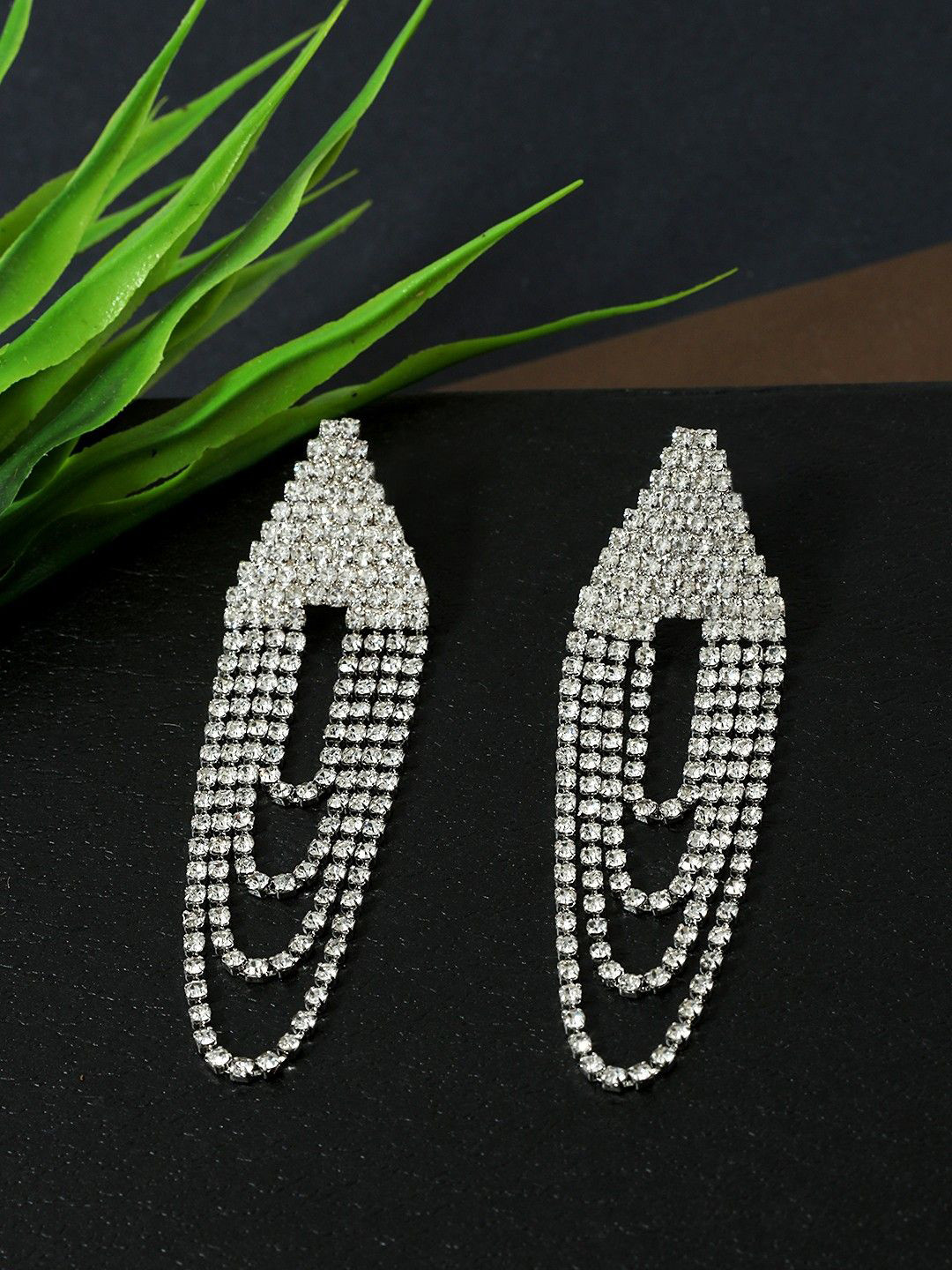 DressBerry Silver-Plated Rhinestone Studded Contemporary Shaped Multilayer Drop Earrings