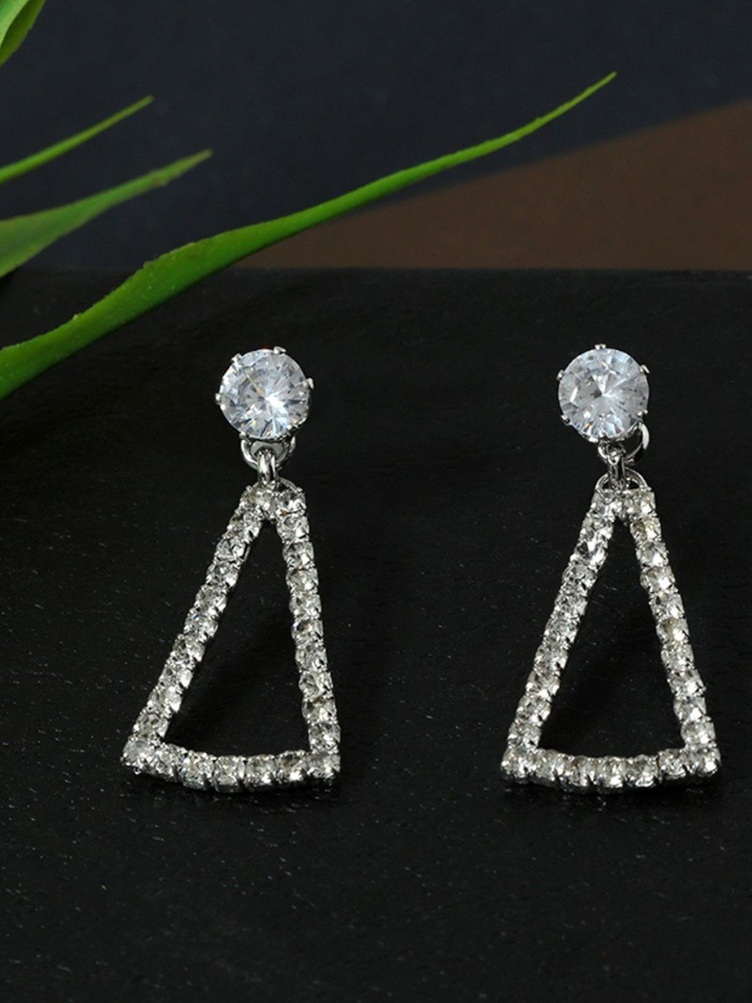 DressBerry Silver-Plated Rhinestone Studded Geometric Shaped Drop Earrings