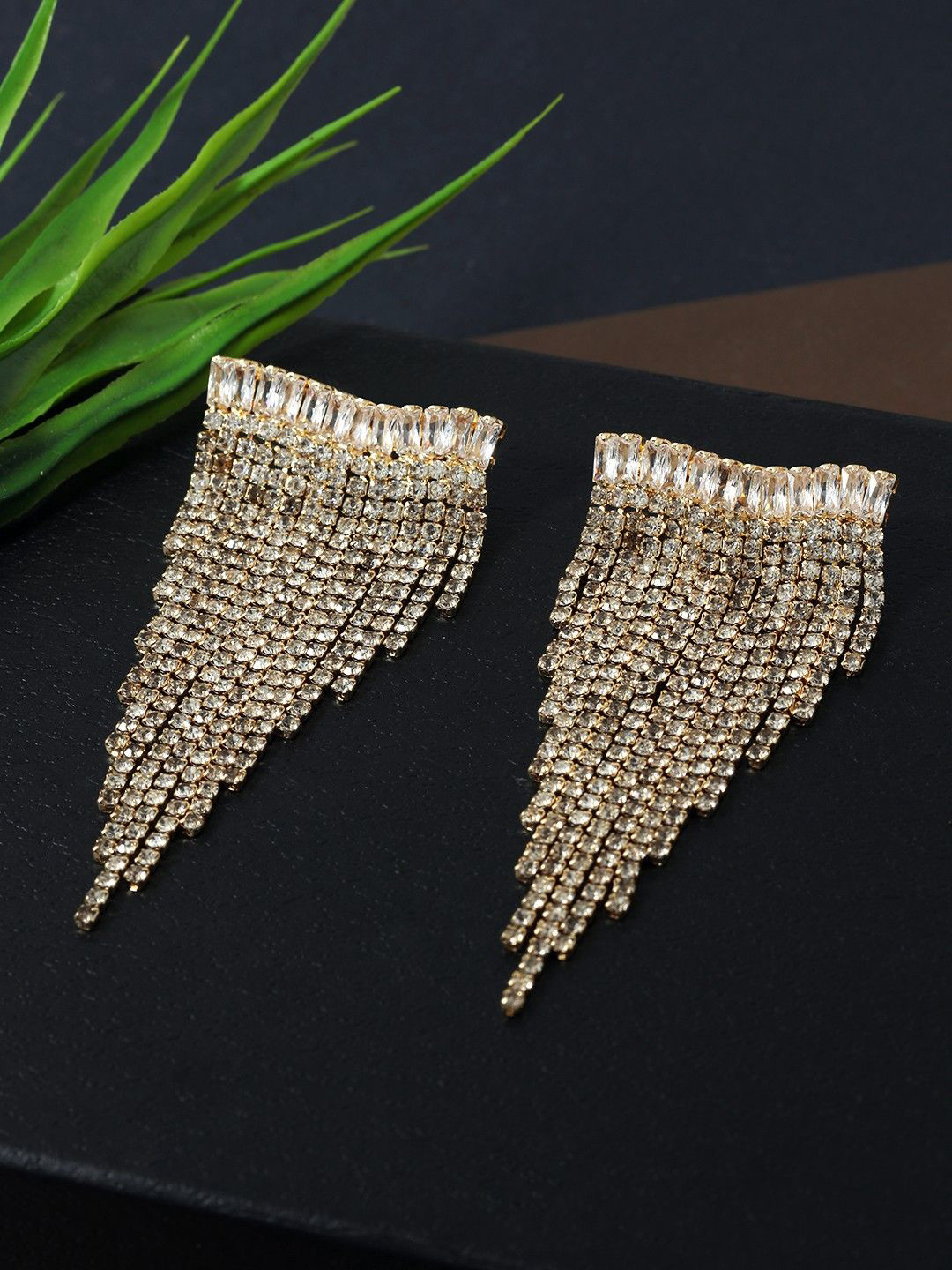 DressBerry Gold-Plated Rhinestone Studded Triangular Shaped Tasselled Drop Earrings